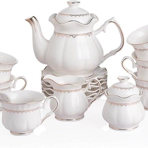 Gold-rimmed Ceramic Tea Set (6 Pieces) - Teapot, Cups, Sugar Bowl, Milk Jar - Everyday Luxury Style
