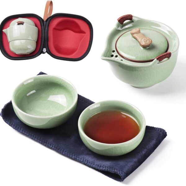 Portable Travel Kung Fu Tea Set (1 Teapot, 2 Cups) with Storage Bag and Protective Case - Outdoor Picnic Ceramic Set