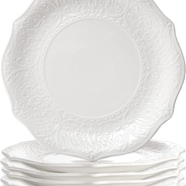 6-Piece White Embossed Ceramic Dinner Plate Set (10.5 inches) - Suitable for Family Gatherings and Dining Rooms