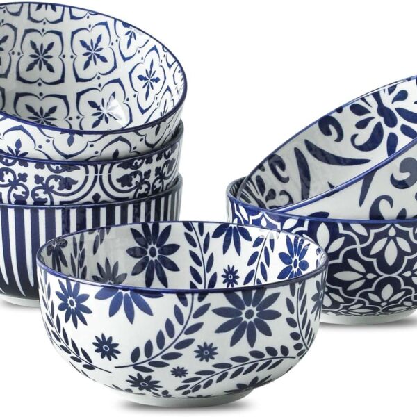 28oz Blue and White Ceramic Bowl Set (6 Pieces)