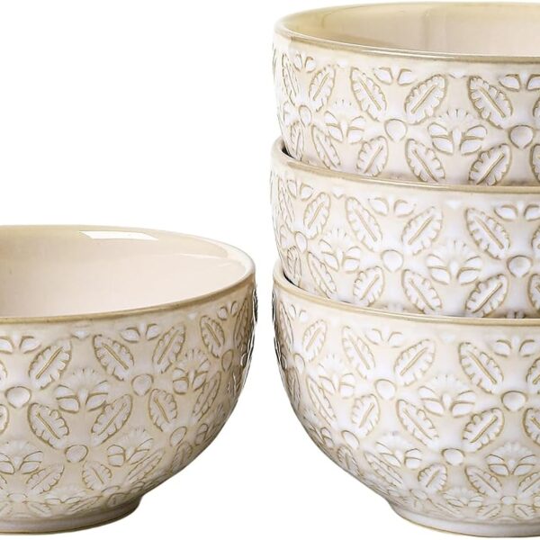 26oz Embossed Ceramic Bowl Set (4 Pieces) - Suitable for Housewarming Gifts