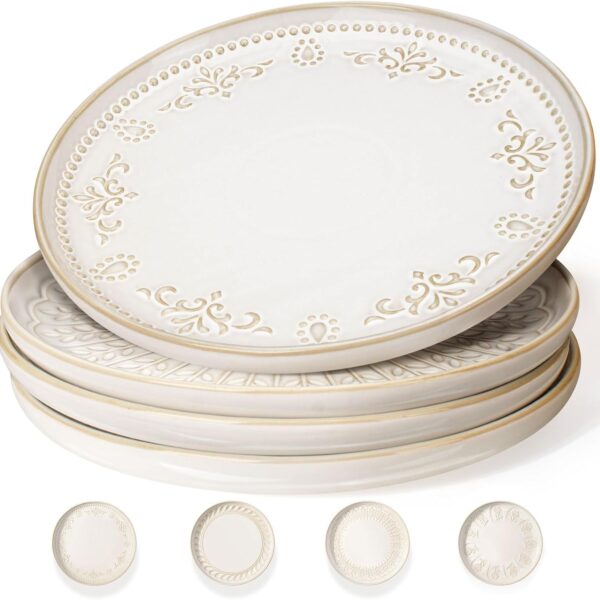 Embossed Edge Ceramic Dinner Plate Set (4 Pieces, 10.75-inch, Modern Restaurant Serving Plates, Multiple Patterns Available)
