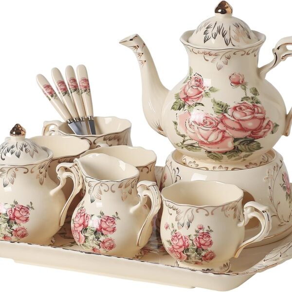 Pink Rose Ceramic Tea Set with 4 Cups, Spoons, Sugar Bowl, Milk Jerry, and Tray - Perfect for Weddings and Banquets