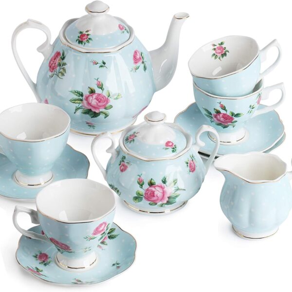 13-Piece Light Blue Floral Porcelain Tea Set, 38oz Teapot for 4, Dishwasher Compatible