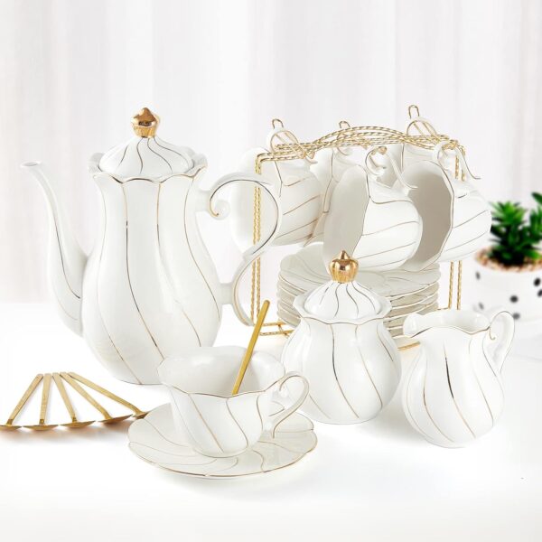 Luxurious 22-Piece English Gold-Rimed White Porcelain Tea Set for 6 People, Gift Box with Stand, Tea Party Set