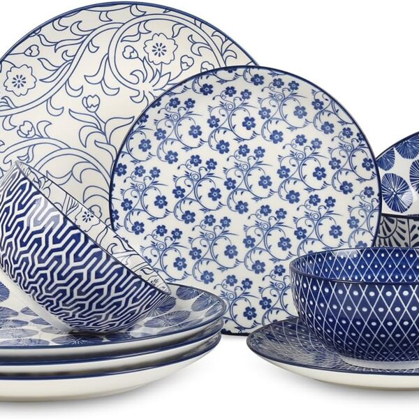 Vintage Blue Ceramic Dinnerware Set (12 Pieces, 4-Person Set, Scratch-Resistant Plates and Bowls)