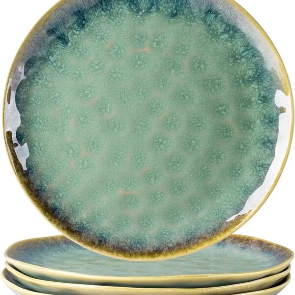 11-inch Irregular Stoneware Dinner Plate Set (4 Pieces) - Green Steak, Pasta, and Salad Plates - Kitchen Use