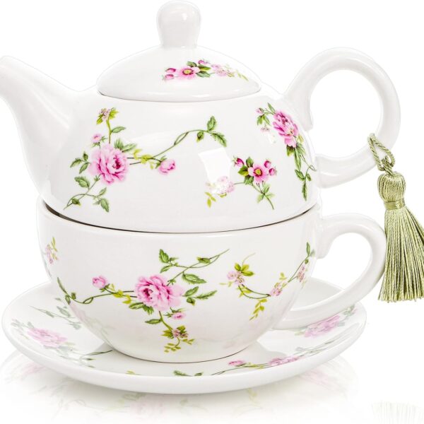 Wicker Floral Tea Set for Individuals with Teapot, Cup, and Saucer - Vintage Ceramic Gift