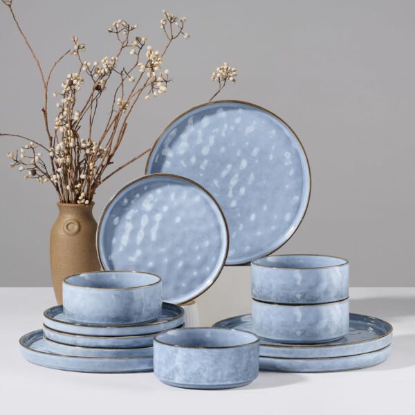 12-Piece Blue Kiln-Transformed Glaze Stoneware Dinnerware Set for 4 People