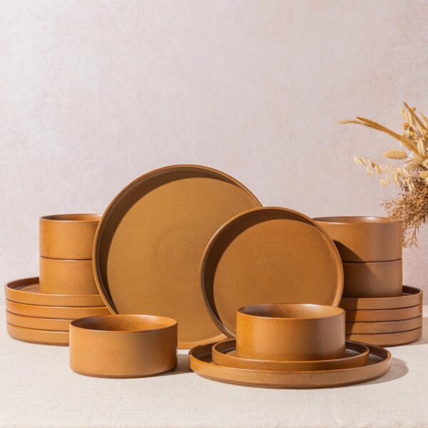 12-Piece Caramel Matte Stoneware Dinnerware Set for 4 People, High-Rimmed Plates and Bowls, Oven, Microwave, and Dishwasher Acceptable