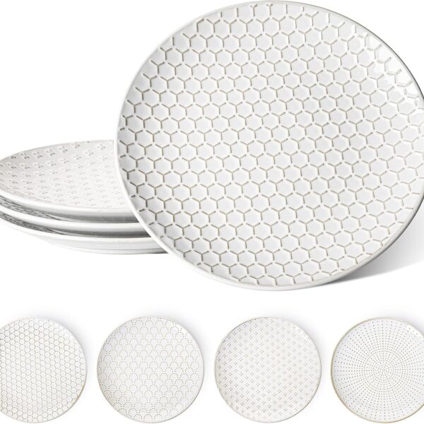 4-Piece Set of 10-inch White Embossed Ceramic Plates, Microwave and Dishwasher Compatible, Scratch-Resistant Steak Plates