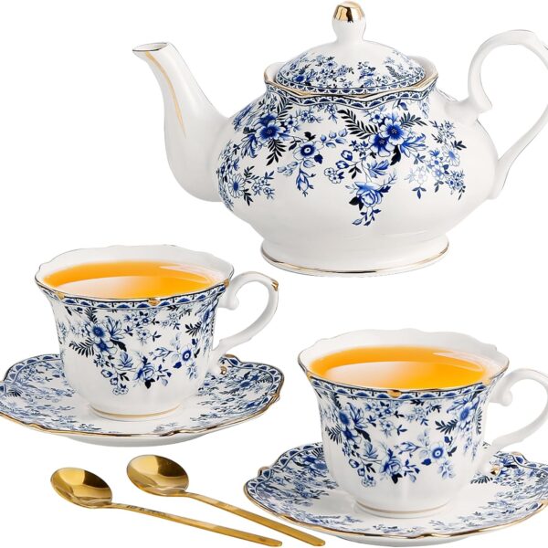 European Retro Blue Ceramic Tea Set (Teapot and Cups for 2) - A Perfect Afternoon Tea Gift for Ladies