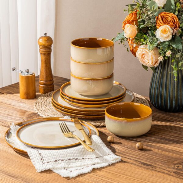 Handmade Kiln-fired Glazed Ceramic Dinnerware Set (12 Pieces, 4-Person Set, Khaki, Oven, Microwave, Dishwasher Compatible)